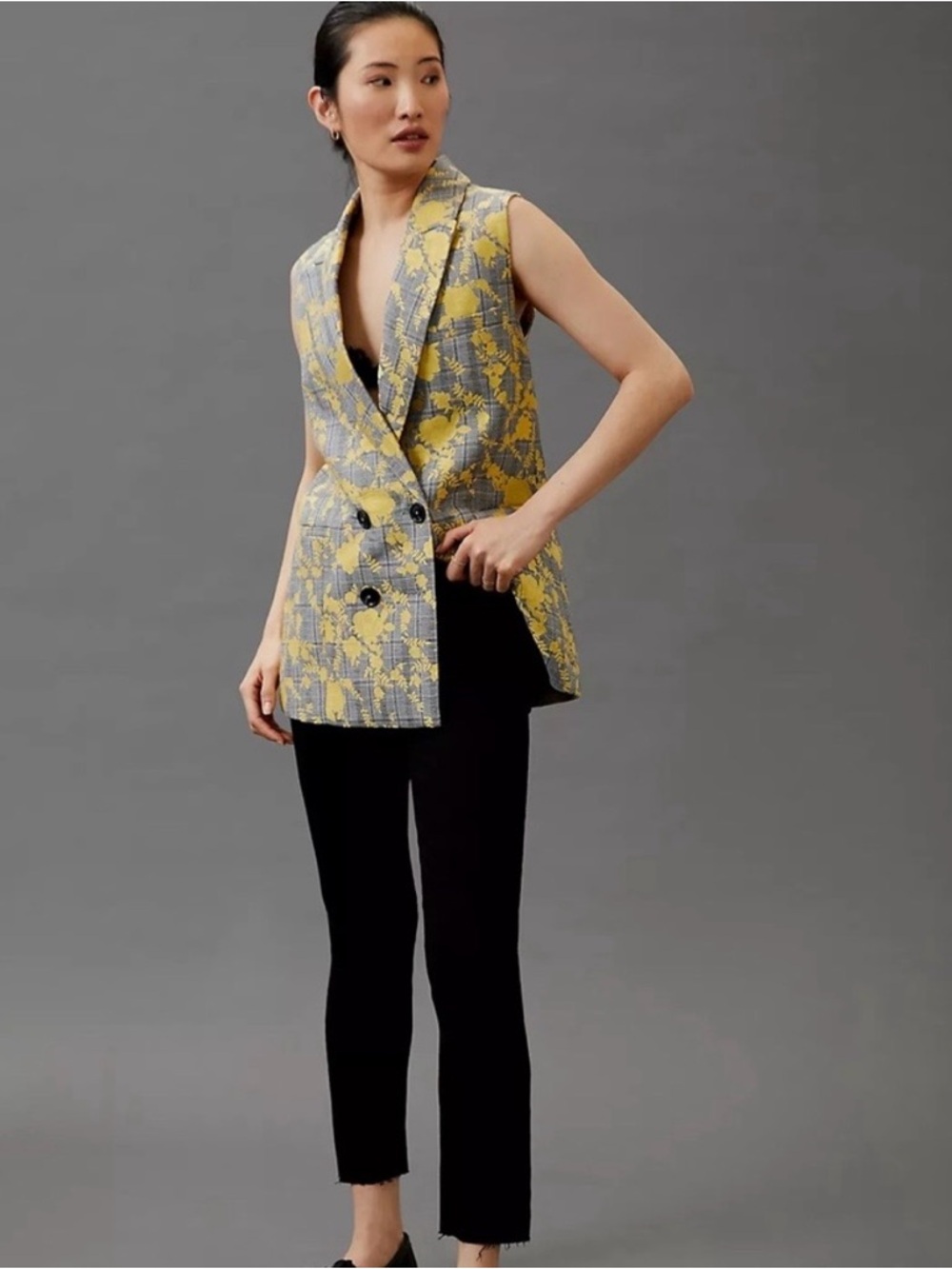 Anthropologie Hutch Plaid Floral Double Breasted Longline Sleeveless Vest Medium